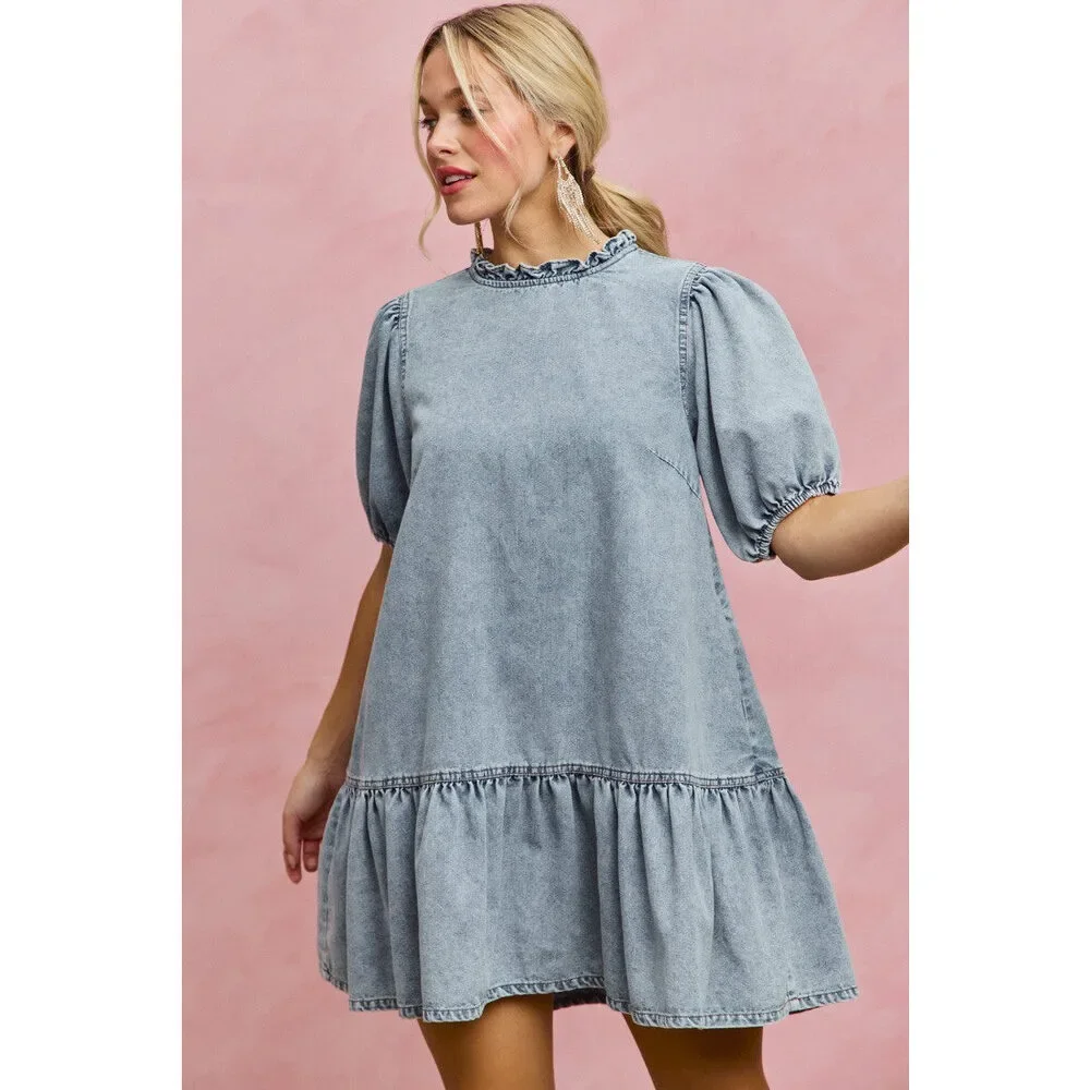 SO ME Denim Short Sleeves Mini Tiered Dress - Picture 5 of 15